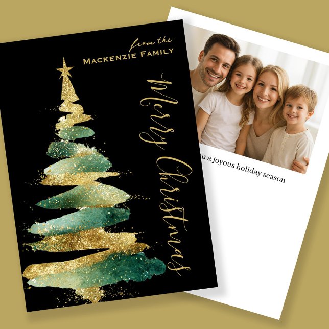 Cartão De Festividades Abstract Modern Christmas Tree Photo Personalized (Abstract Modern Christmas Tree Photo Personalized Holiday Card by Ricaso in gold and green)