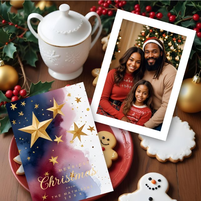 Cartão De Festividades Abstract Patriotic Blue Red & White Stars Elegant  (Abstract Patriotic Blue Red & White Stars Elegant Christmas Holiday Cards with Custom Photo.)