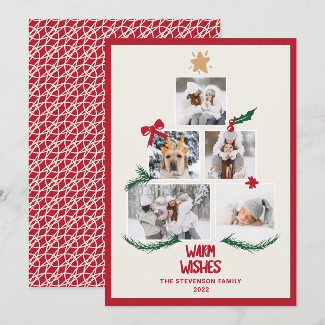 Cartão De Festividades Abstrato 5 fotos da árvore de Natal desejos de cer (Frente/Verso)