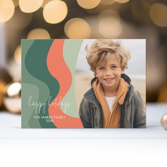 Cartão De Festividades Abstrato de Linha Orgânica - 1 Foto Jade Tangerine (Organic curved lines and abstract art make a non-traditional holiday card with 1 photo.)