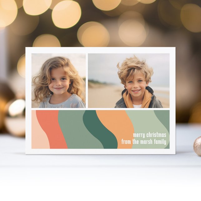 Cartão De Festividades Abstrato de Linha Orgânica - 2 Fotografia Jade Tan (Holiday Photo Greeting Card - Jade and Tangerine Organic Curves)