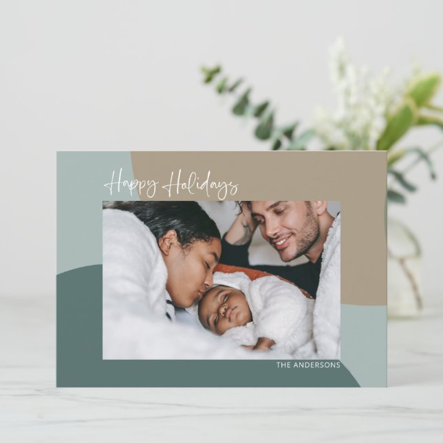 Cartão De Festividades Abstrato moderno no Teal Custom Photo Happy (Em pé/Frente)