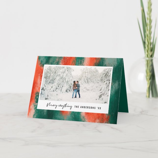 Cartão De Festividades Abstrato vermelho + verde pintado feriado fotográf (Frente)