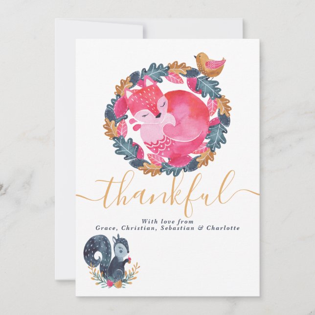 Cartão De Festividades Ação de Graças de Animais da Floresta (Frente)