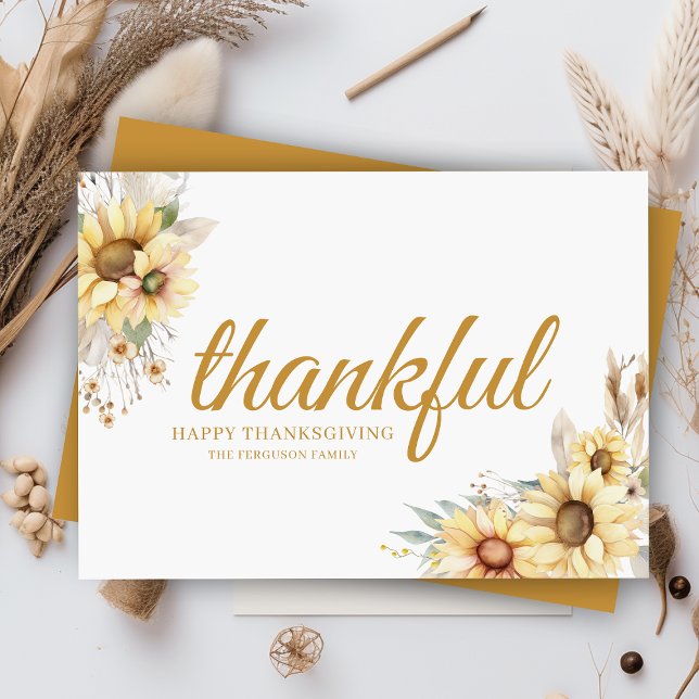 Cartão De Festividades Ação de Graças Mínima e Moderna (elegant thankful watercolor flowers autumn fall thanksgiving cards with personalized message)
