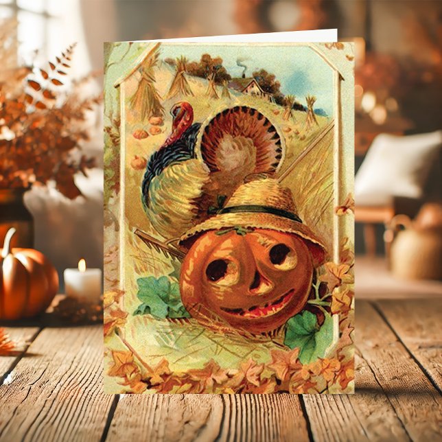 Cartão De Festividades Ação de Graças Vintage Turkey Pumpkin (Criador carregado)