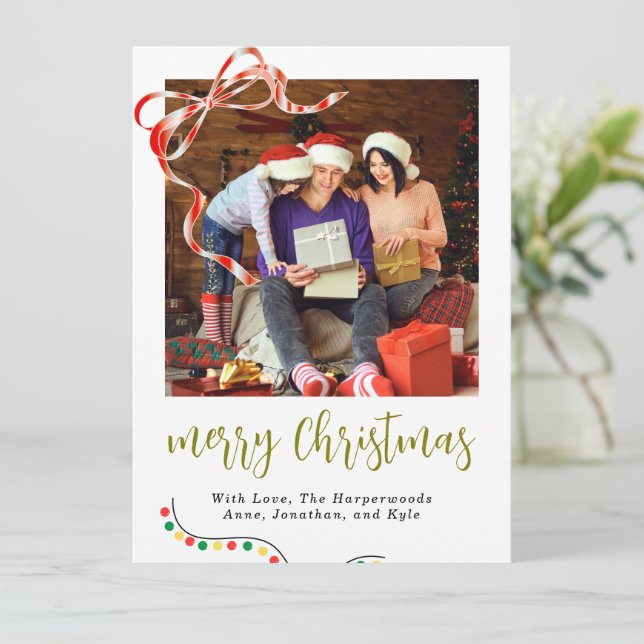 Cartão De Festividades Acento de Fita Clássico Feliz Natal Script (Em pé/Frente)