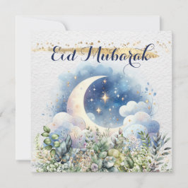 Cartão De Festividades Acento Dourado Eid Mubarak Lua Crescente Aquarela 