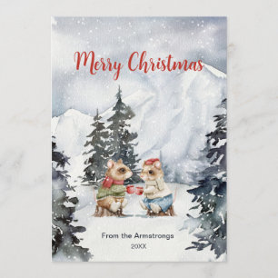 Cartão De Festividades Aconchegante Ratos Aquarela Cacau Quente Neve Nata