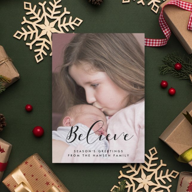 Cartão De Festividades Acredite Caligrafia Elegante Foto de Família (Criador carregado)