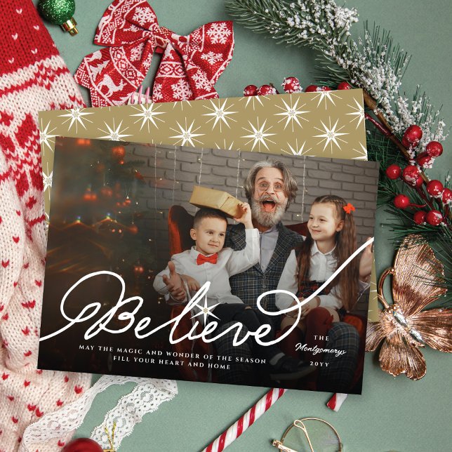 Cartão De Festividades Acredite em Star Calliografia Foto de Natal Religi (Criador carregado)