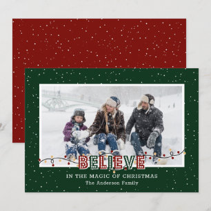 Cartão De Festividades Acredite na magia da foto verde-vermelha de Natal