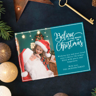 Cartão De Festividades Acredite no Natal mágico 2 fotos da família teal