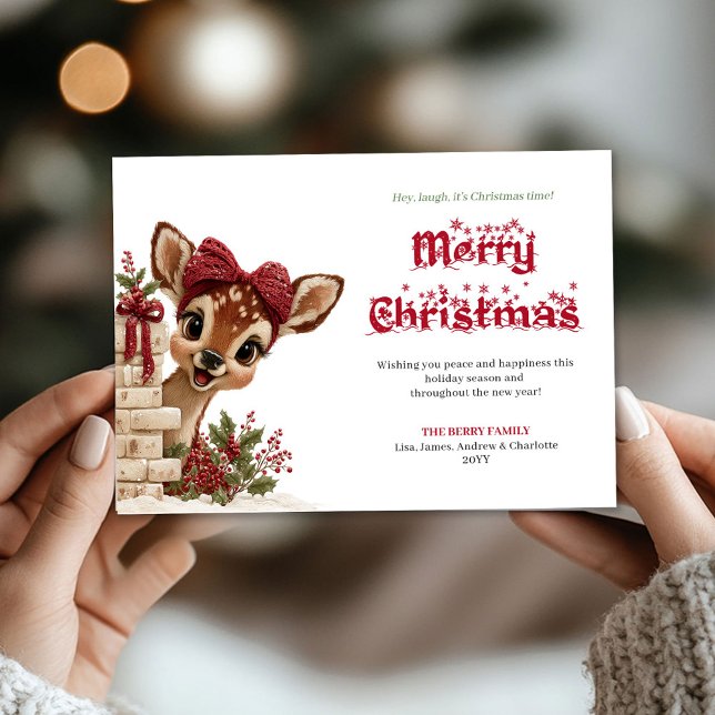 Cartão De Festividades Adorable Christmas kids card with peeking reindeer (Celebrate the magic of the holidays with this adorable kids Christmas greeting card featuring a char)