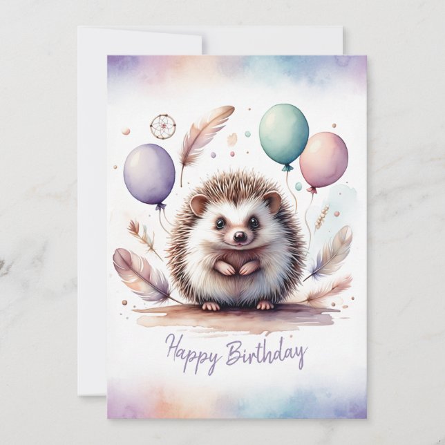 Cartão De Festividades Adorable Watercolor Hedgehog Happy Birthday (Frente)