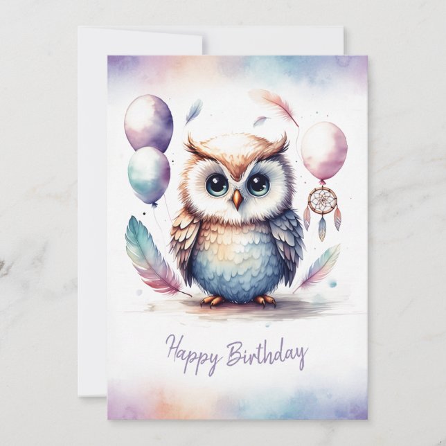 Cartão De Festividades Adorable Watercolor Owl Happy Birthday (Frente)