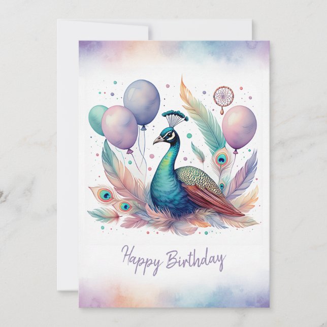 Cartão De Festividades Adorable Watercolor Peacock Happy Birthday (Frente)