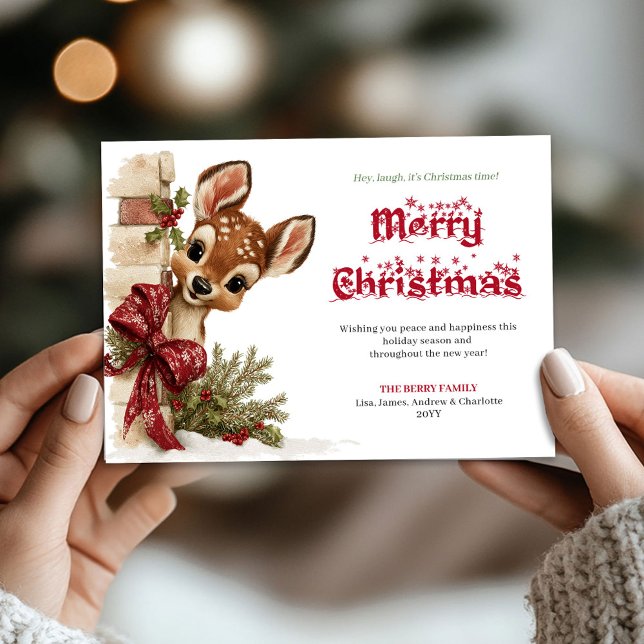 Cartão De Festividades Adorable Xmas funny reindeer peeking greeting card (Adorable Xmas funny reindeer peeking greeting card)