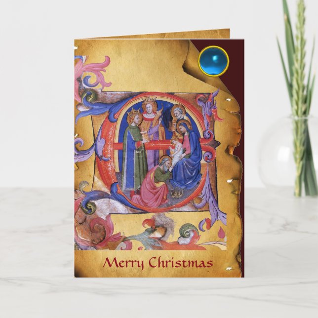 Cartão De Festividades ADORAÇÃO DE MAGI CHRISTMAS PARCHMENT GEM Azul (Frente)