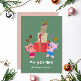 Cartão De Festividades Adoráveis felinos com o presente Natal verde