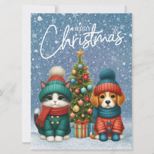 Cartão De Festividades Adorável cachorrinho e gatinho de Natal
