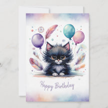 Adorável Gatinho Preto em Aquarela Feliz Aniversár