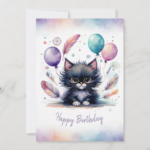 Cartão De Festividades Adorável Gatinho Preto em Aquarela Feliz Aniversár