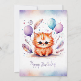Cartão De Festividades Adorável Gatito Vermelho em Aquarela Feliz Anivers