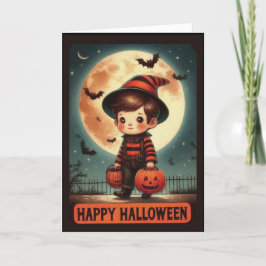 Cartão De Festividades Adorável Menino Bruxo Vintage Halloween