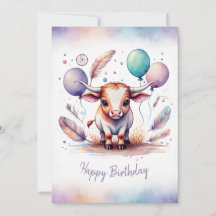 Adorável Texas Longhorn em Aquarela Feliz Aniversá