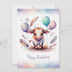 Cartão De Festividades Adorável Texas Longhorn em Aquarela Feliz Aniversá