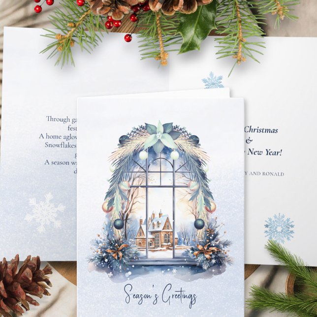 Cartão De Festividades Adorno Azul Nórdico Folhagem Janela Natal Poema (Criador carregado)