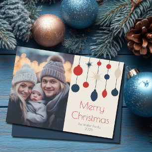 Cartão De Festividades Adornos de Natal Vermelhos e Azuis Retrô na Foto