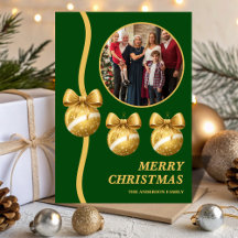 Adornos Verdes e Dourados Família Foto de Natal