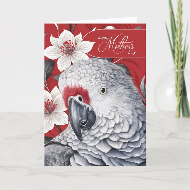 Cartão De Festividades African Grey Parrot White Lilies Red Mother's Day (Frente)