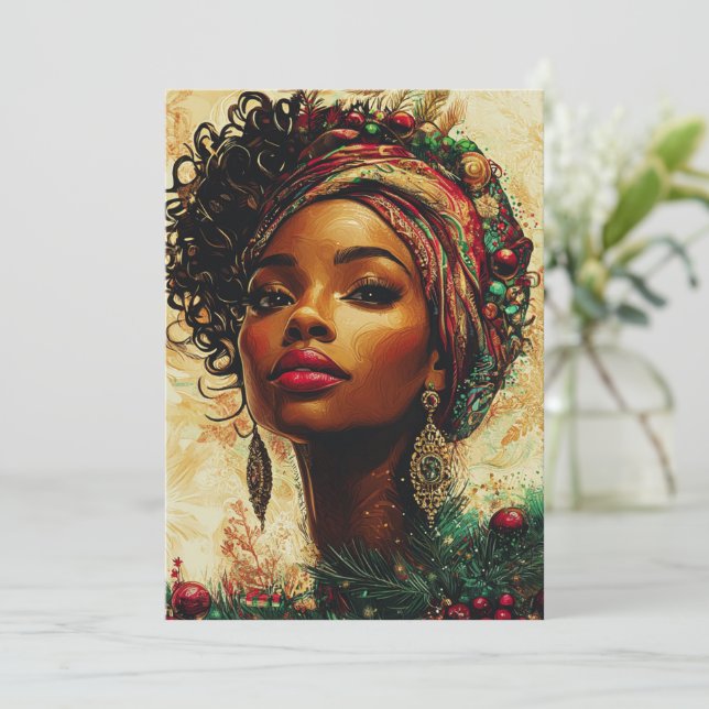 Cartão De Festividades Afrocentric Christmas Queen–Flat Holiday Card (Em pé/Frente)