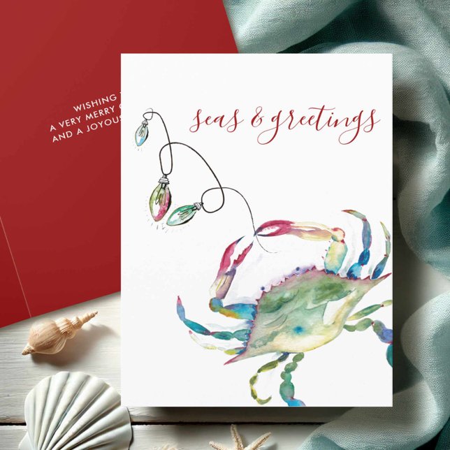 Cartão De Festividades Água Costeira Caranguejo Praia Natal em Aquarela (Beach Christmas cards watercolor blue crab art by Victoria Grigaliunas Do Tell A Belle)