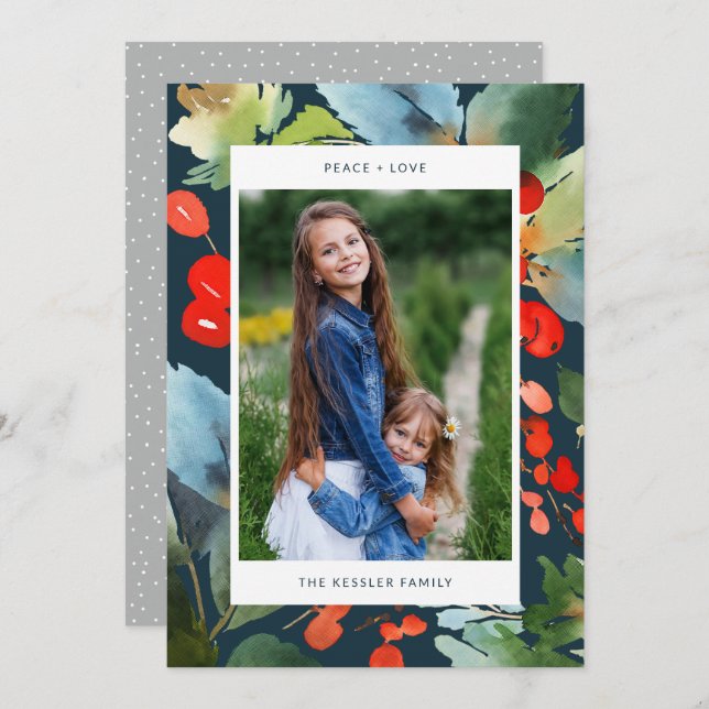 Cartão De Festividades Água Floral Na moda de Natal Azul (Frente/Verso)