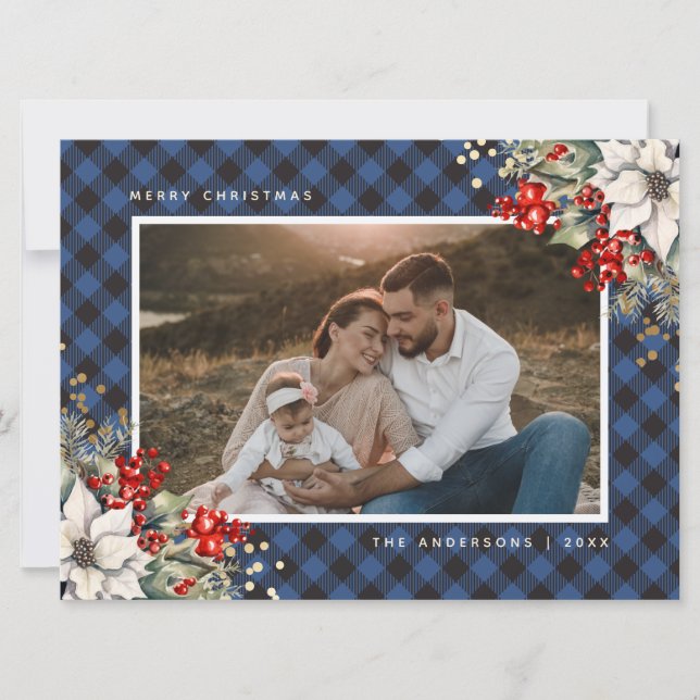 Cartão De Festividades Água-forte Azul Foto de Natal de Poinsettia Azevin (Frente)