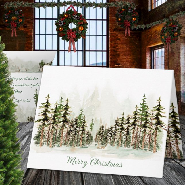 Cartão De Festividades Água-forte Natalina Floresta de Pinheiros Aquarela (Merry Christmas Woodland Pine Forest Watercolor Holiday Wraparound Graphics Folded Card)