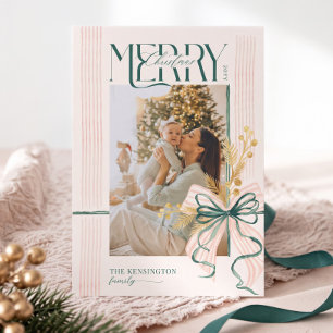 Cartão De Festividades Água-forte Verde Rosa Arco Merry Christmas Foto 