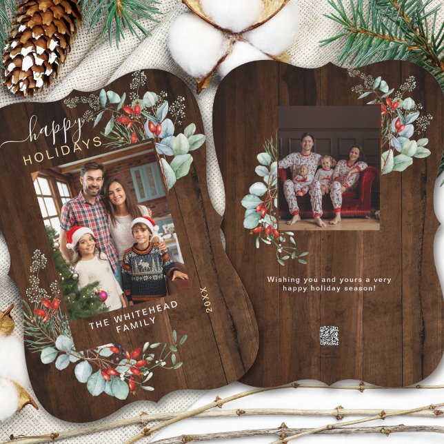 Cartão De Festividades Água Foto Botânica Madeira Escura (You will love these beautiful Christmas cards! They feature botanical watercolor pine and berries.)