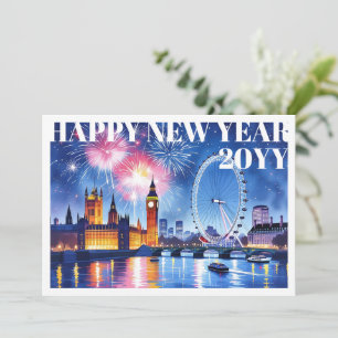 Cartão De Festividades Aguarela Personalizada Londres Fogos de Ano Novo F