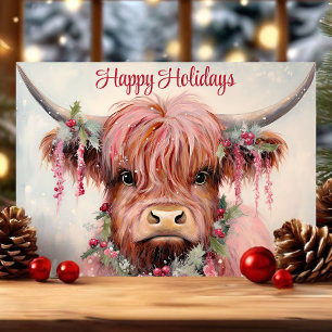 Cartão De Festividades Aguarela Vaca das Terras Altas Feliz Natal