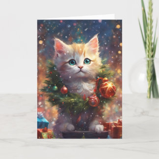 Cartão De Festividades Ajudante do Papai Noel Gatinho Fofo Arte de Feriad