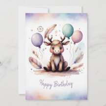 Alce Adorável em Aquarela Feliz Aniversário
