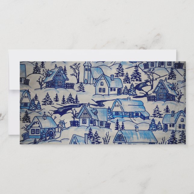Cartão De Festividades Aldeia de Natal Azul Vintage (Frente)