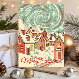 Cartão De Festividades Aldeia de Natal com Nevasca Retro