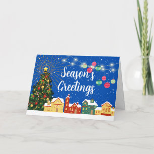 Cartão De Festividades Aldeia de Neve e Árvore Decorada da Época