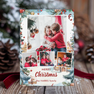 Cartão De Festividades Aldeia de Neve Festiva de inverno, Quatro Fotos